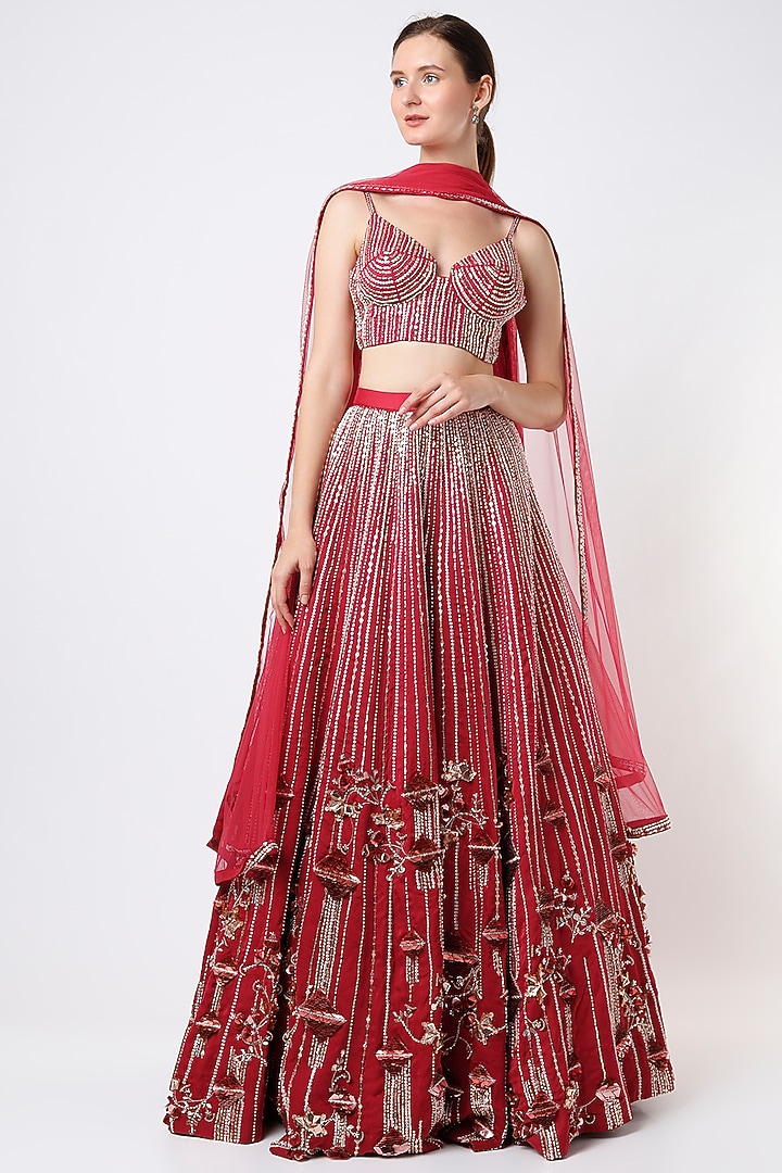 Ruby Red Embroidered Bridal Lehenga Set by MASUMI MEWAWALLA at Pernia's Pop Up Shop
