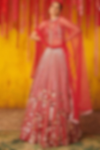 Ruby Red Embroidered Bridal Lehenga Set by MASUMI MEWAWALLA at Pernia's Pop Up Shop