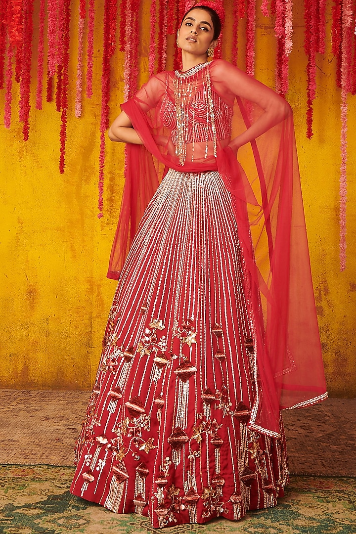 Ruby Red Embroidered Lehenga Set by MASUMI MEWAWALLA