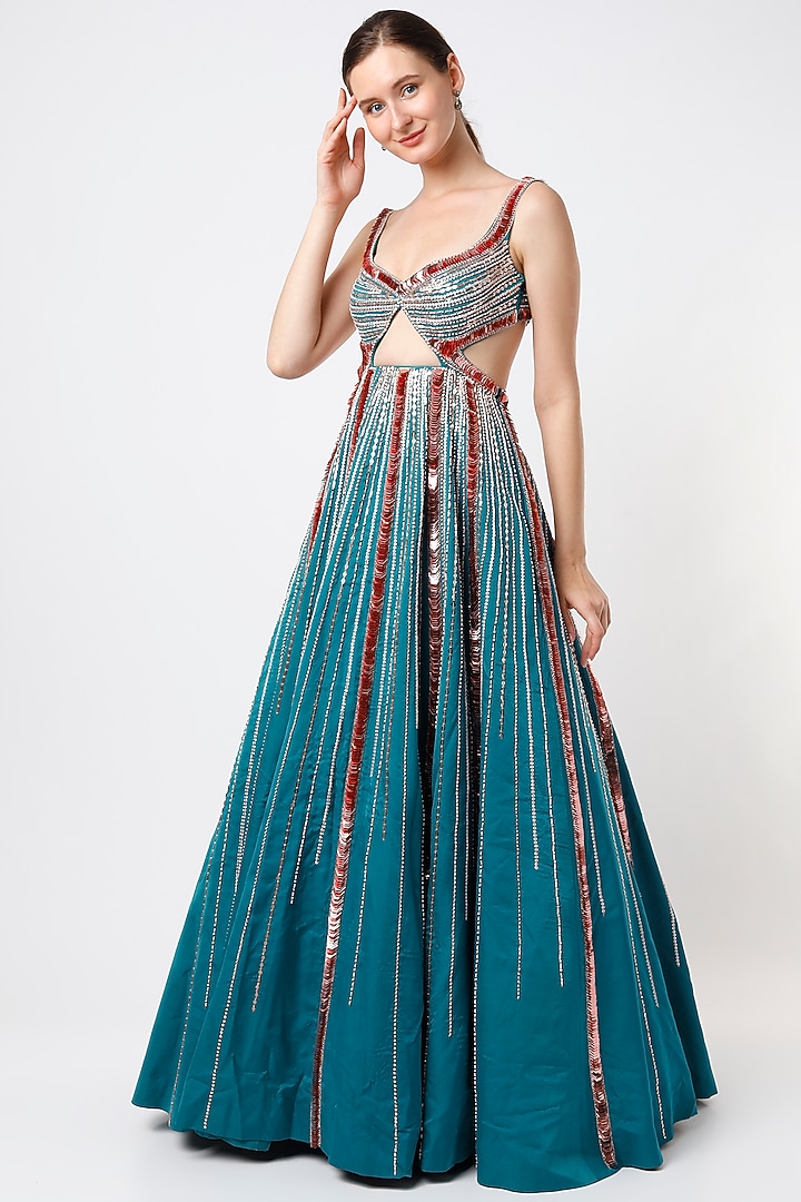 Neptune Blue Embroidered Cut-Out Gown by MASUMI MEWAWALLA at Pernia's Pop Up Shop