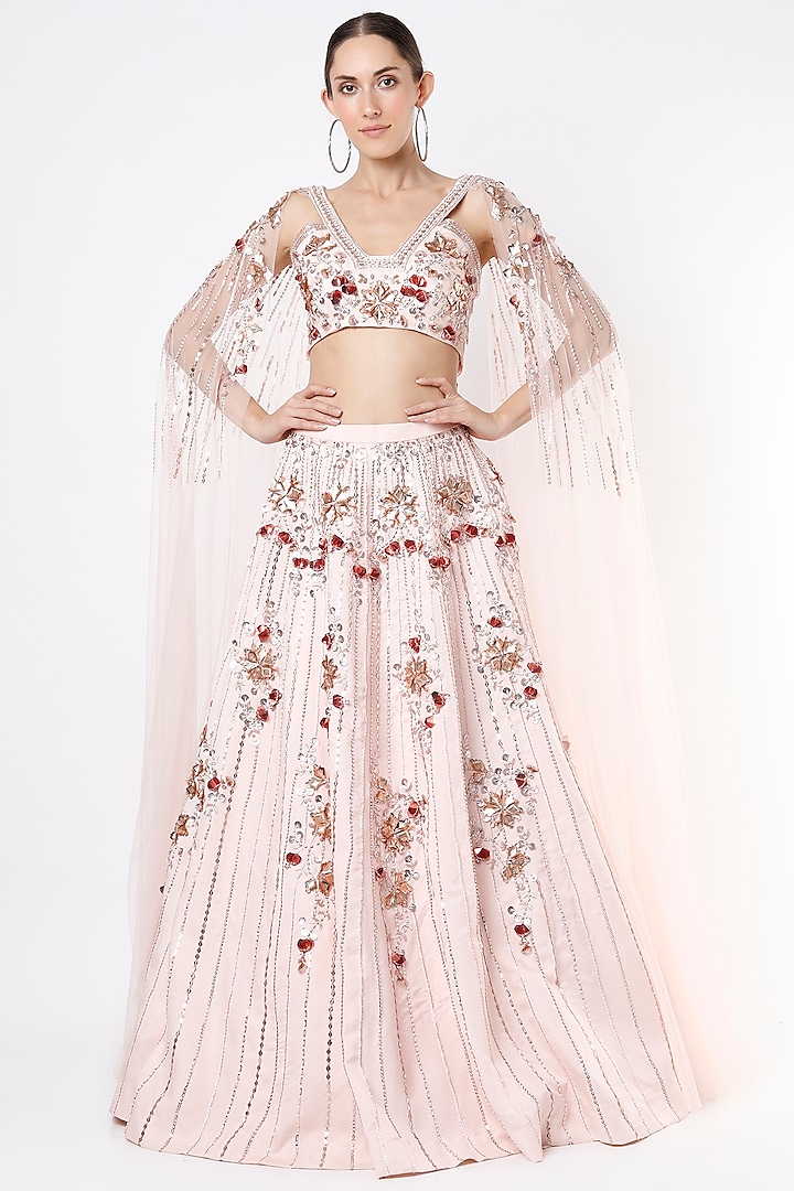 Crystal Pink Embroidered Lehenga Set by Pink Peacock Couture