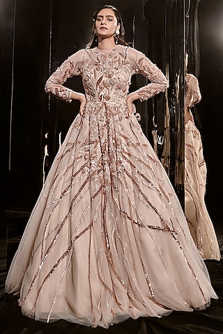 Nude Net Embroidered Gown by MASUMI MEWAWALLA