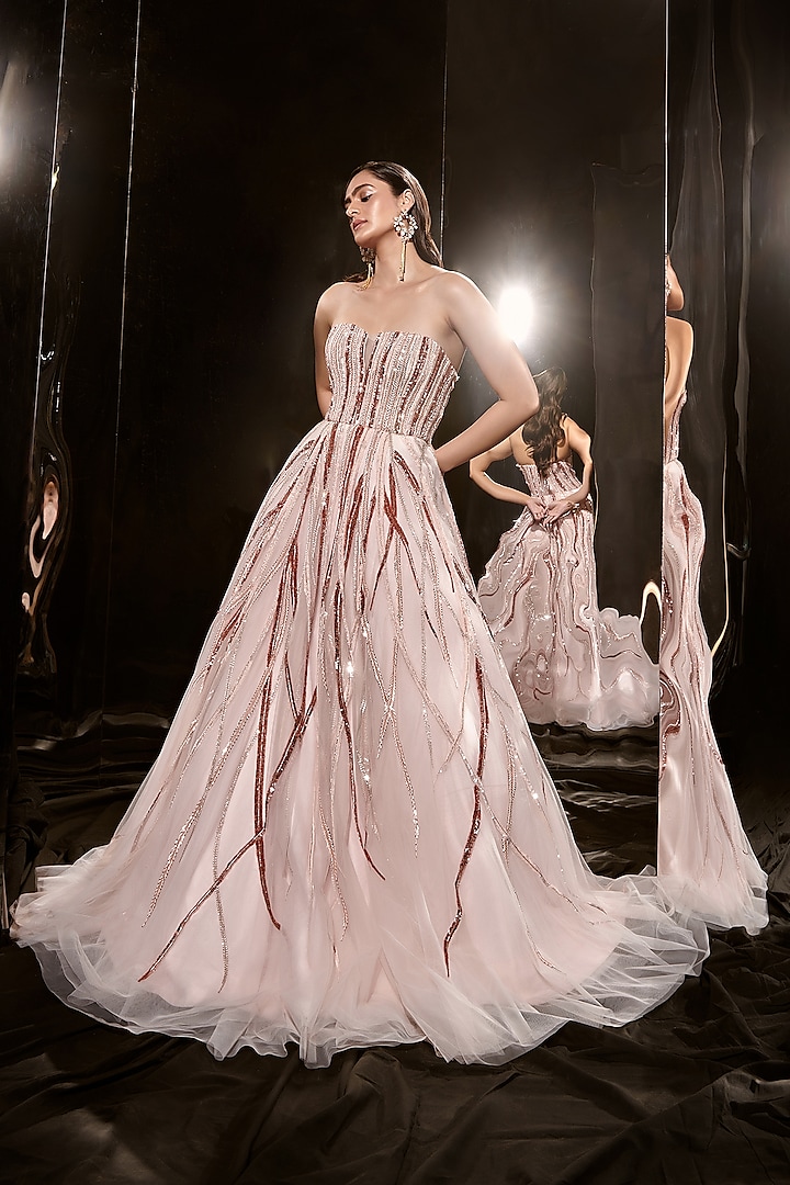 Pink Net Embroidered Gown by MASUMI MEWAWALLA
