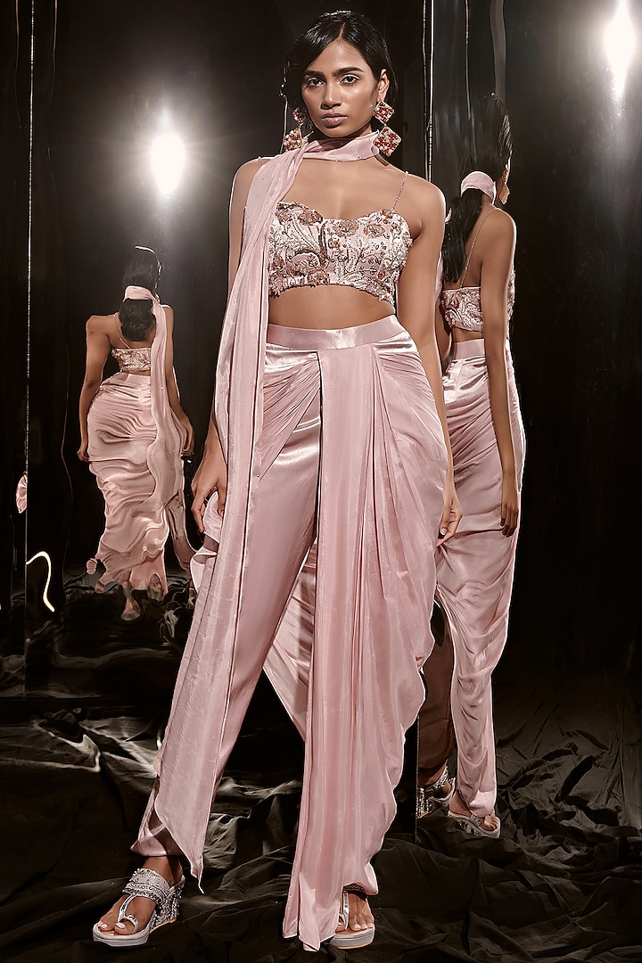 Rose Gold Mashru Draped Pant Set by MASUMI MEWAWALLA at Pernia's Pop Up Shop