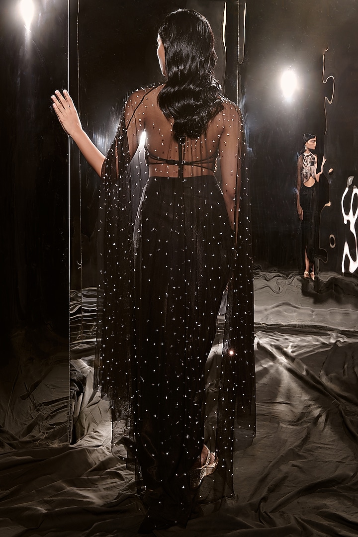 Black Mashru Embroidered Dhoti Set by MASUMI MEWAWALLA at Pernia's Pop Up Shop