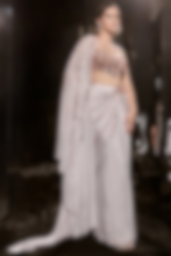 Lilac Mashru Embroidered Draped Wedding Saree Set by MASUMI MEWAWALLA at Pernia's Pop Up Shop