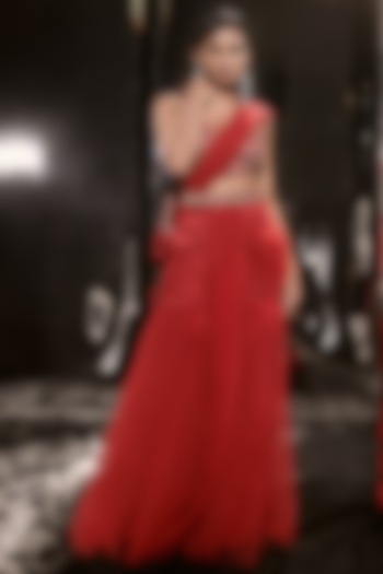 Red Net & Mashru Sharara Pant Party Wear Saree Set by MASUMI MEWAWALLA at Pernia's Pop Up Shop