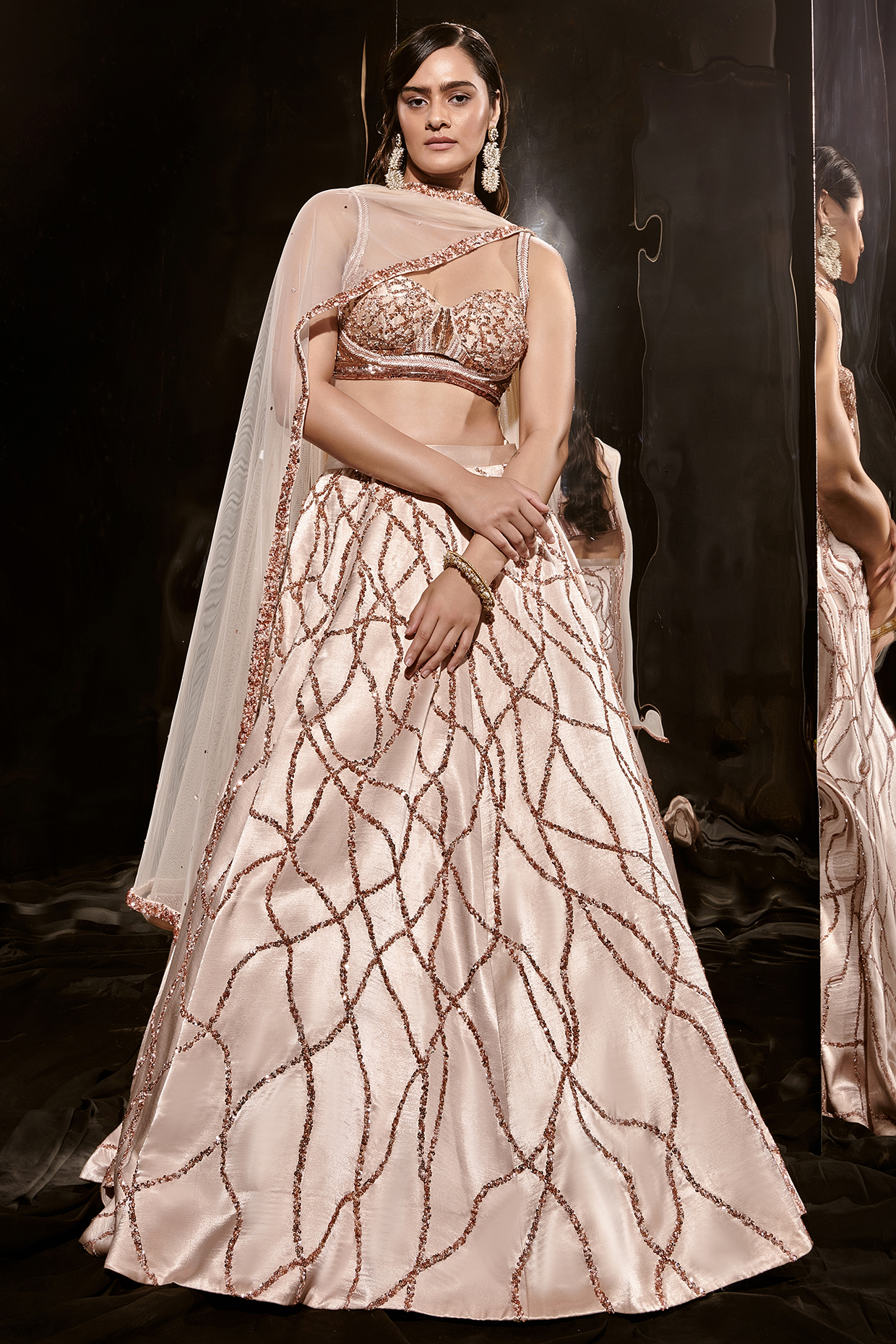 Light Beige Mushru & Net Embroidered Wedding Lehenga Set by MASUMI MEWAWALLA at Pernia's Pop Up Shop