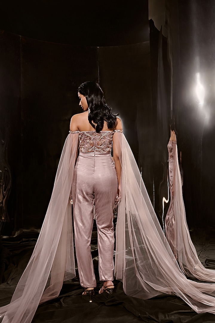 Light Brown Mushru & Net Embroidered Jumpsuit by MASUMI MEWAWALLA at Pernia's Pop Up Shop