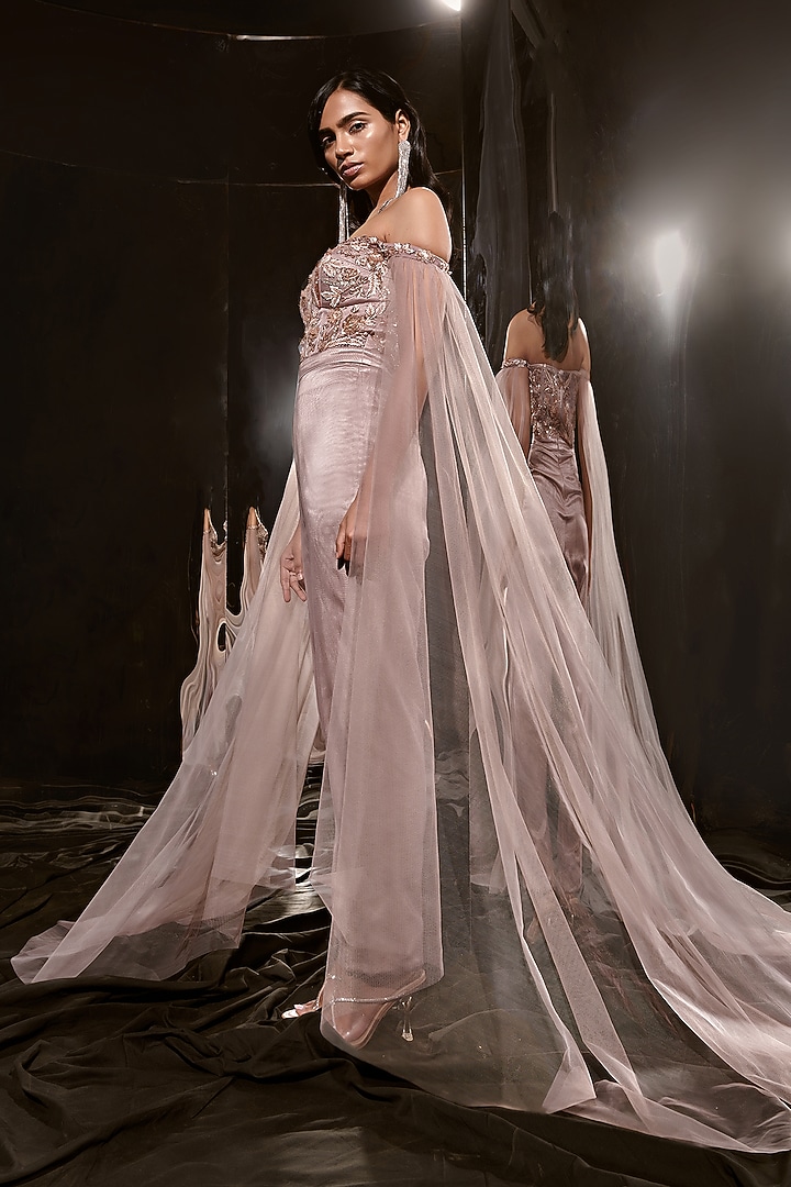 Light Brown Mushru & Net Embroidered Jumpsuit by MASUMI MEWAWALLA at Pernia's Pop Up Shop