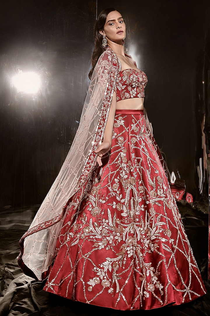 Red Mushru & Net Embroidered Bridal Lehenga Set by MASUMI MEWAWALLA at Pernia's Pop Up Shop