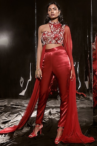 Red Mashru Pant Set by MASUMI MEWAWALLA