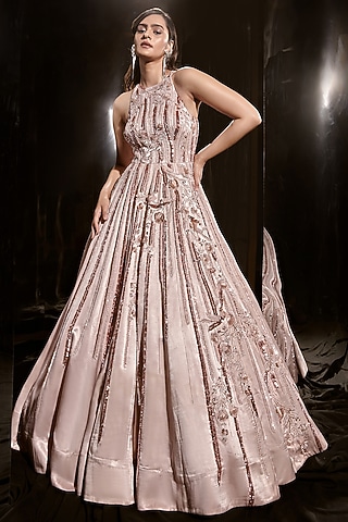 Pinkish Nude Mashru Embroidered Gown by MASUMI MEWAWALLA