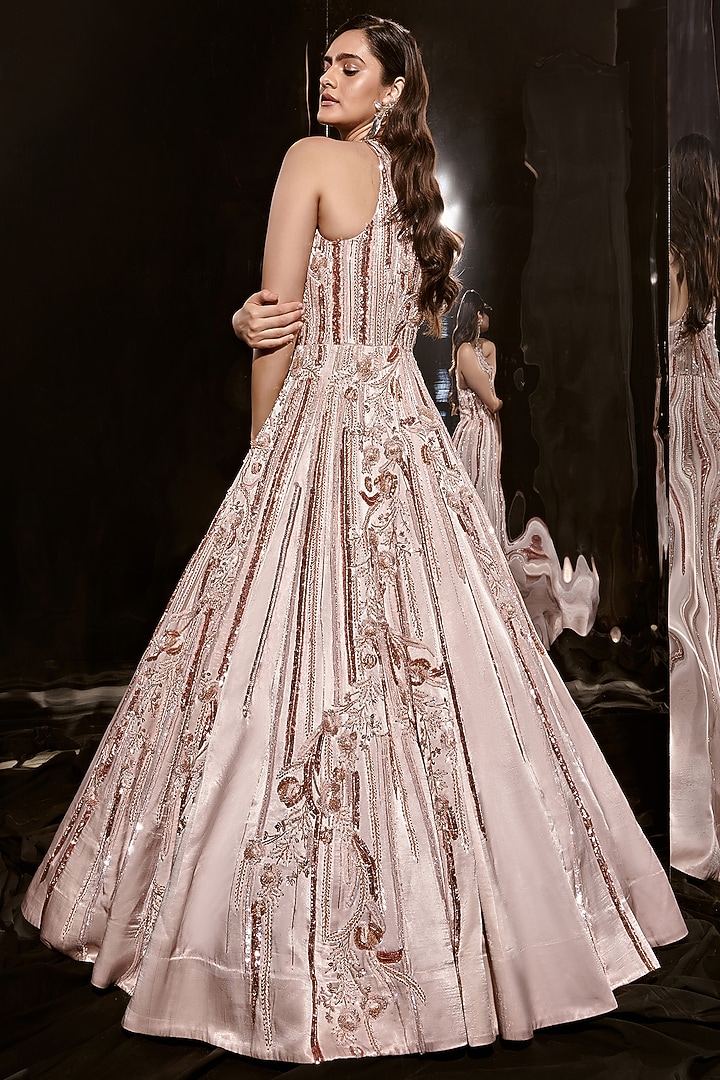 Pinkish Nude Mashru Embroidered Wedding Gown by MASUMI MEWAWALLA at Pernia's Pop Up Shop