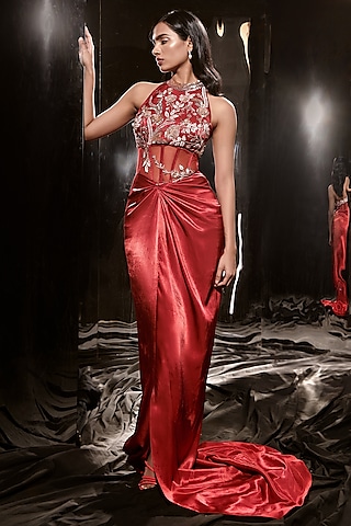 Red Mashru and Net Embroidered Dress by MASUMI MEWAWALLA