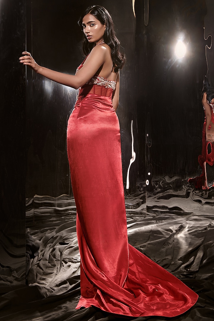 Red Mashru and Net Embroidered Cocktail Dress by MASUMI MEWAWALLA at Pernia's Pop Up Shop