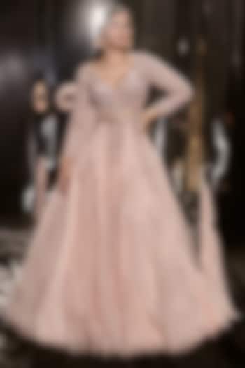 Pinkish Nude Net Embroidered Wedding Gown by MASUMI MEWAWALLA at Pernia's Pop Up Shop