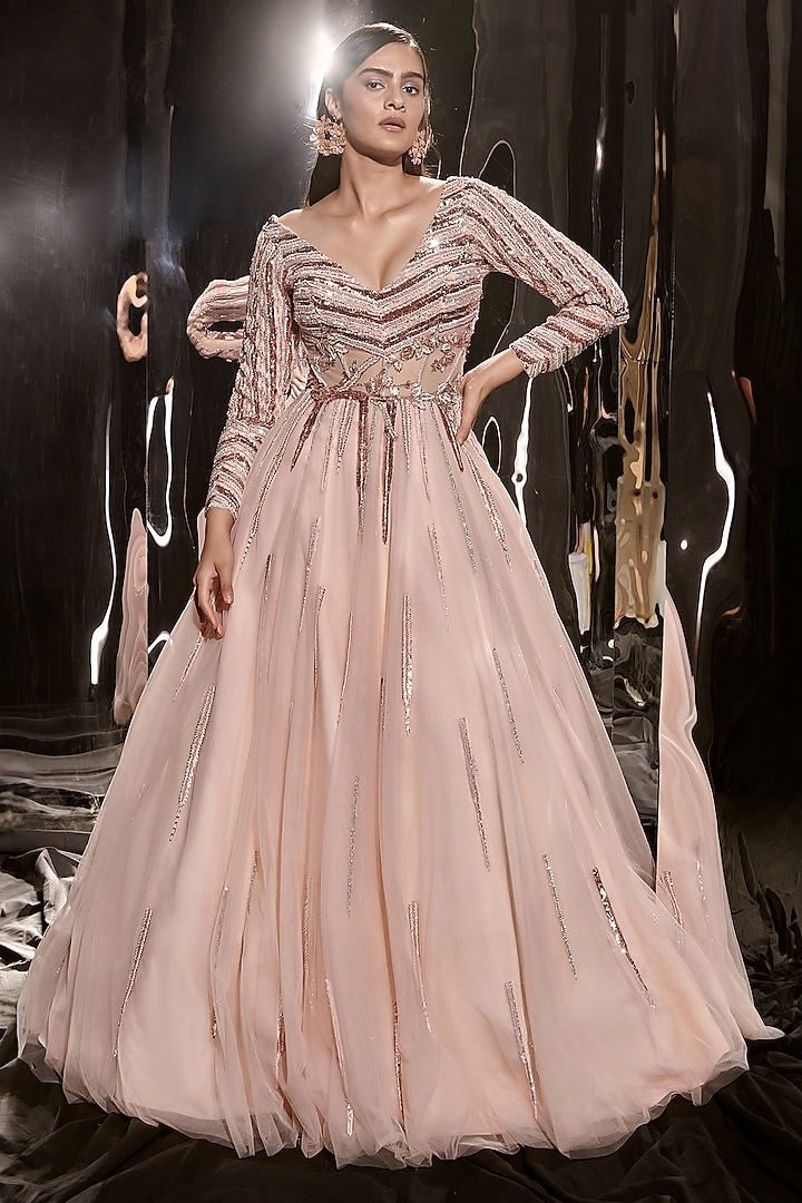 Pinkish Nude Net Embroidered Gown by MASUMI MEWAWALLA