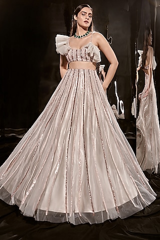 Silver Net Hand Embroidered Lehenga Set by MASUMI MEWAWALLA