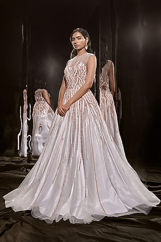 Ice Blue Net Embroidered Gown by MASUMI MEWAWALLA