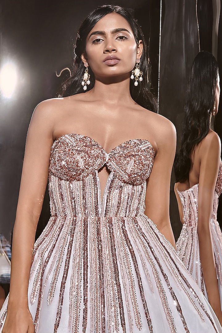 Ice Blue Net Embroidered Cocktail Dress by MASUMI MEWAWALLA at Pernia's Pop Up Shop