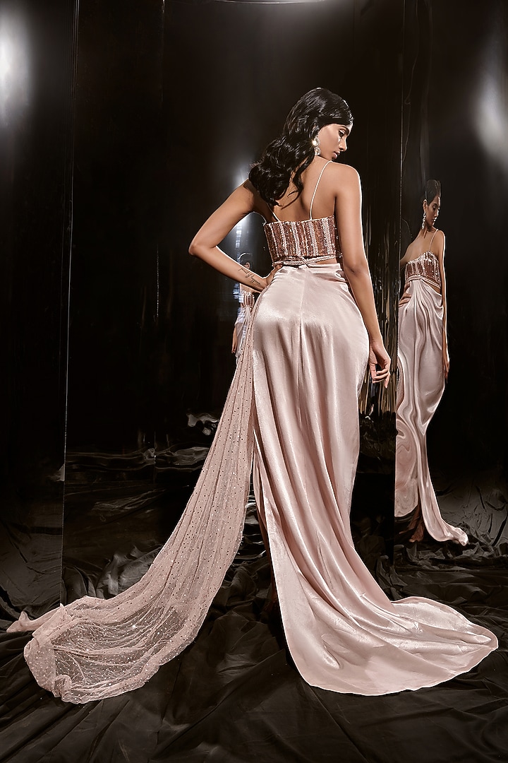 Pinkish Nude Net & Mashru Embroidered Party Wear Dress by MASUMI MEWAWALLA at Pernia's Pop Up Shop