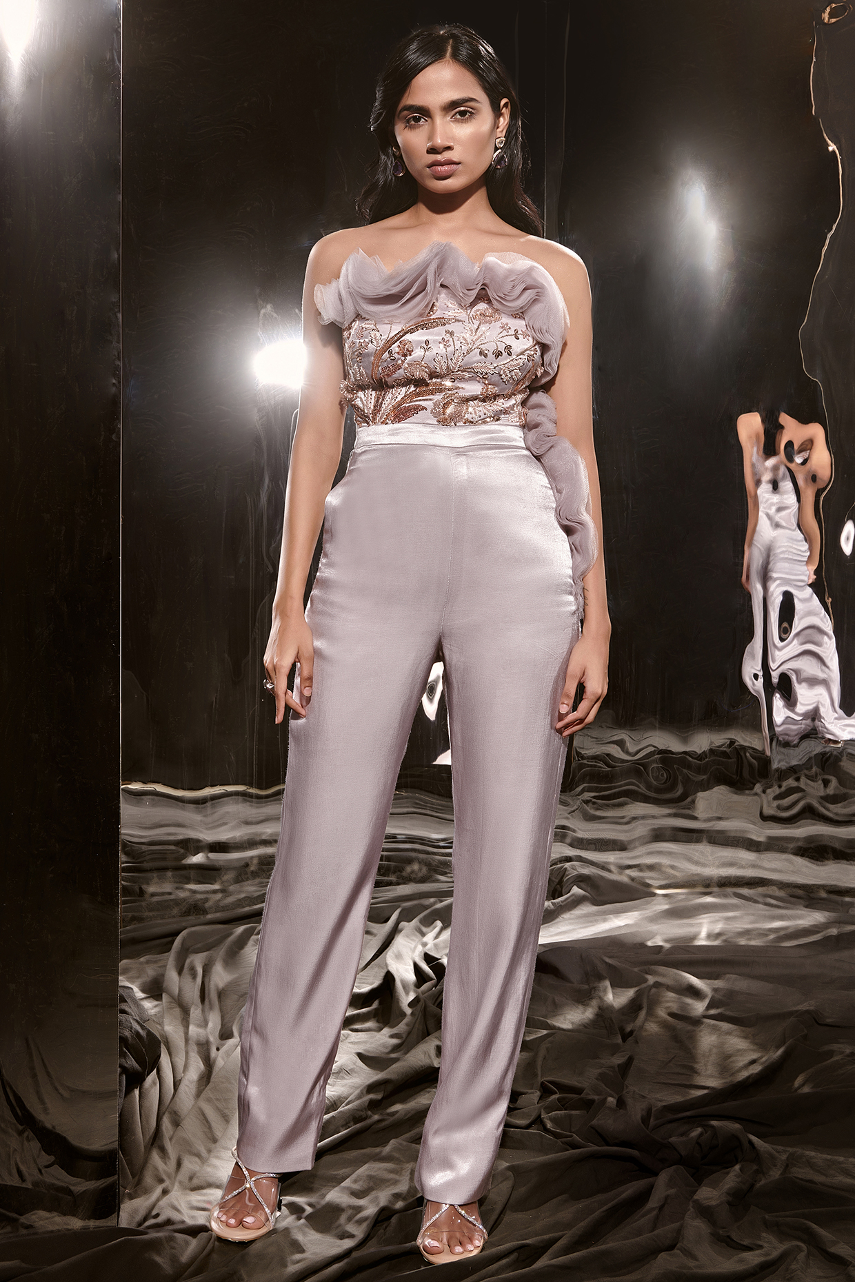 Lilac Mashru Embroidered Jumpsuit by MASUMI MEWAWALLA