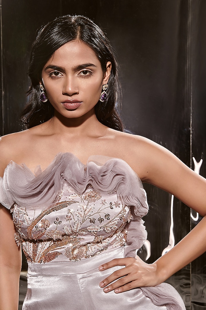 Lilac Mashru Embroidered Jumpsuit by MASUMI MEWAWALLA at Pernia's Pop Up Shop