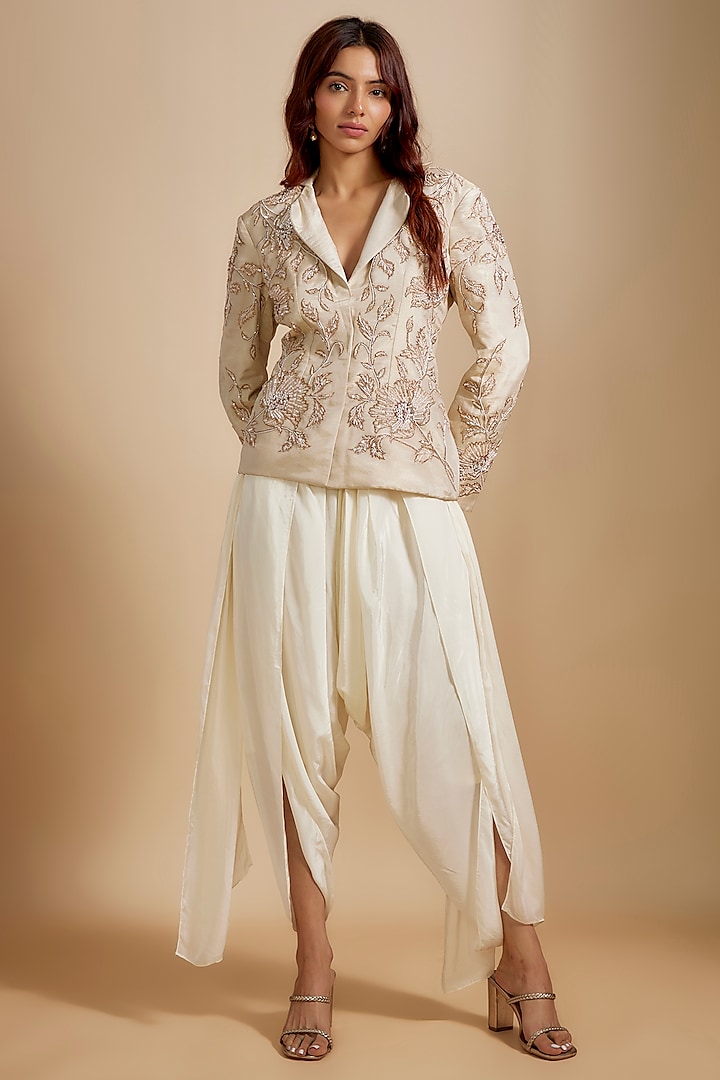 Cream Tissue & Satin Hand Embroidered Dhoti Set by MASUMI MEWAWALLA at Pernia's Pop Up Shop