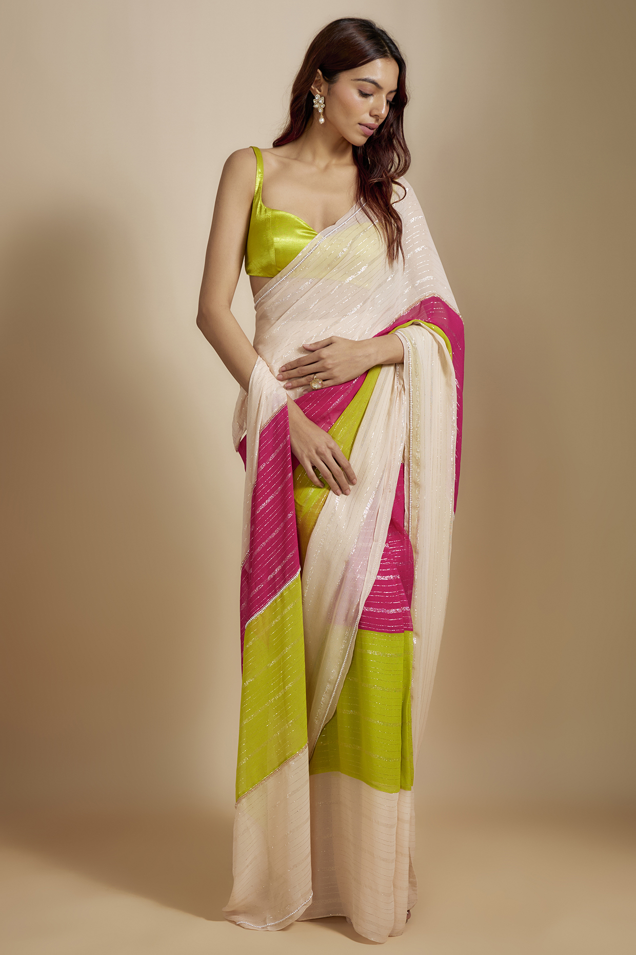 Multi-Colored Georgette & Mashru Saree Set by Masumi Mewawalla