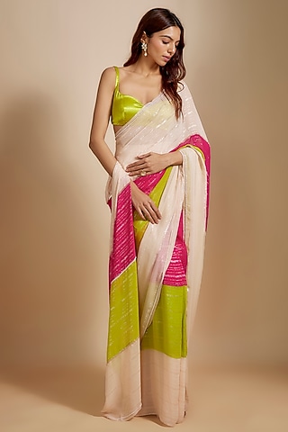 Multi-Colored Georgette Hand Embroidered Pre-Stitched Saree Set by Masumi Mewawalla