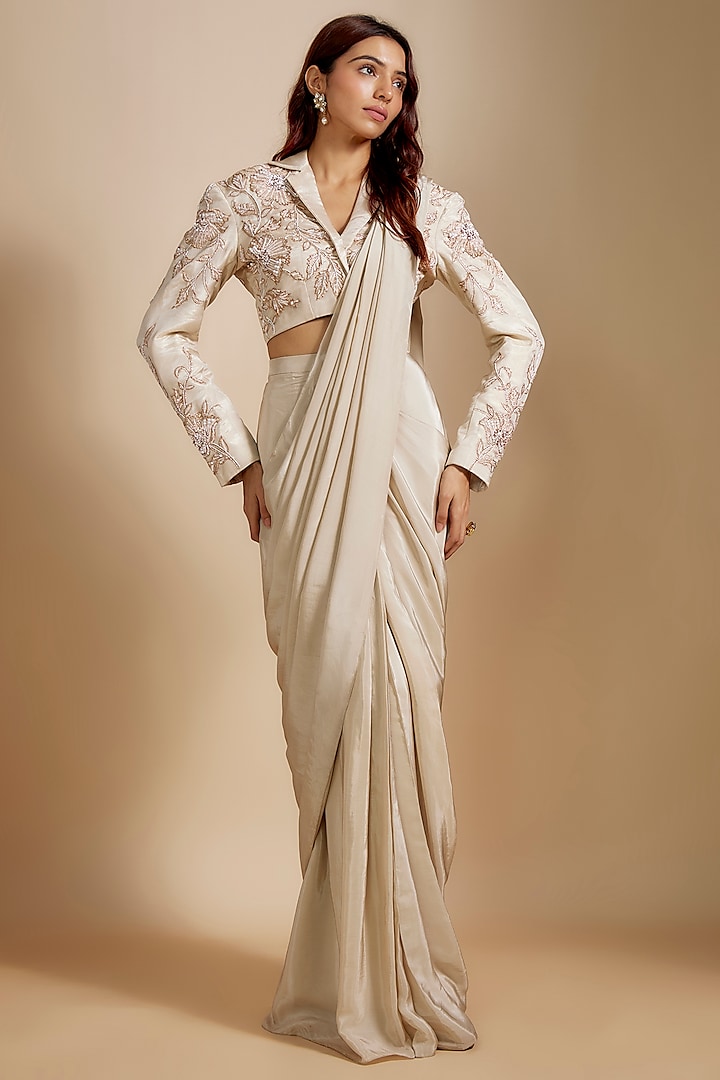 Beige Georgette & Tissue Wedding Saree Set by Masumi Mewawalla at Pernia's Pop Up Shop