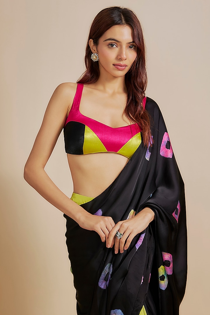 Black Natural Crepe & Mashru Shibori Party Wear Saree Set by MASUMI MEWAWALLA at Pernia's Pop Up Shop