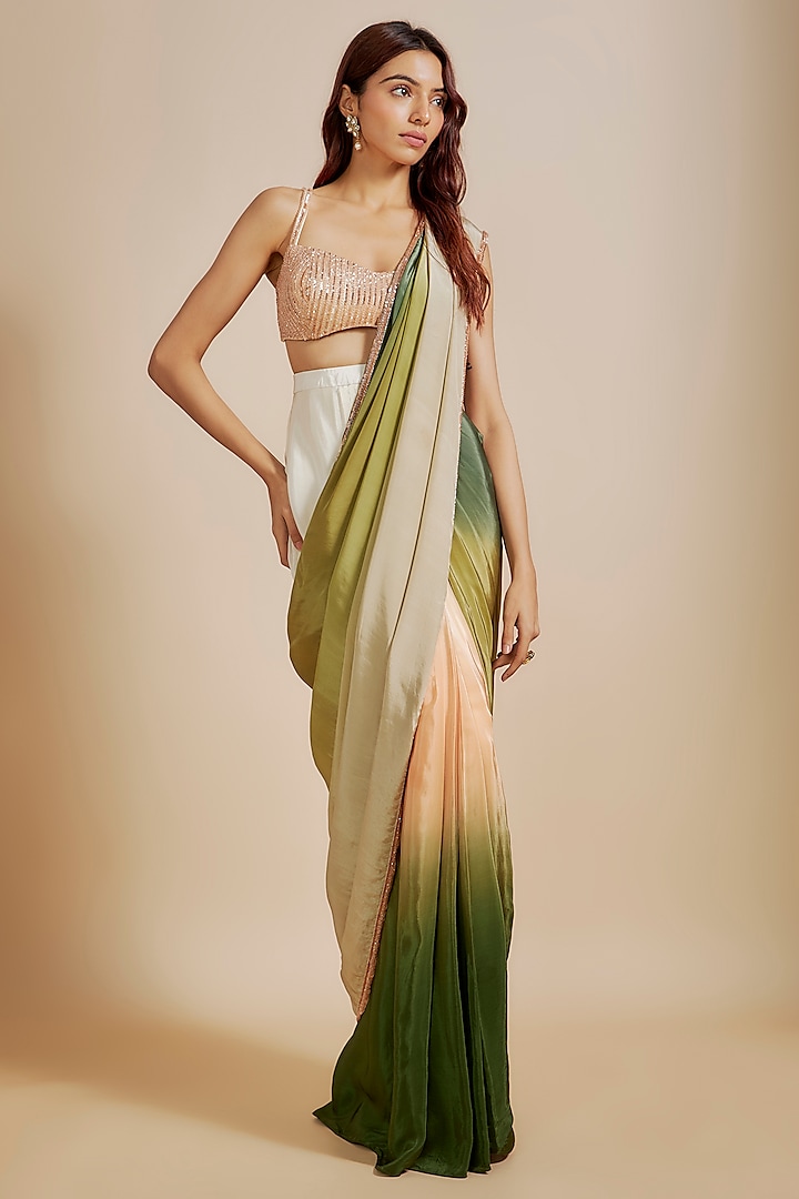 Green Natural Crepe & Mashru Ombre Saree Set by MASUMI MEWAWALLA at Pernia's Pop Up Shop