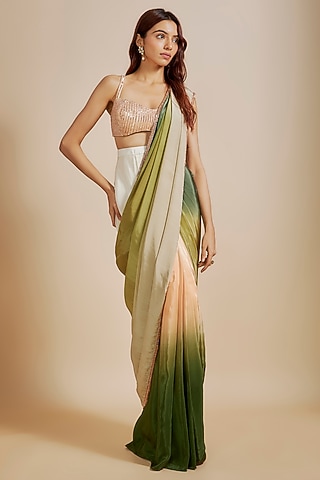 Green Natural Crepe & Mashru Ombre Saree Set by MASUMI MEWAWALLA