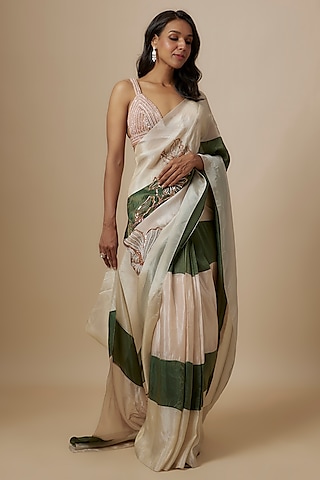 Green & Beige Mashru Color-Blocked Saree Set by MASUMI MEWAWALLA