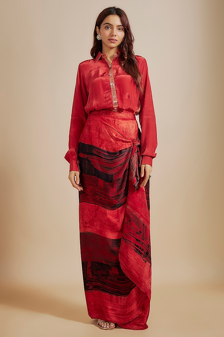 Rust Natural Crepe & Gajji Printed Skirt Set by Masumi Mewawalla