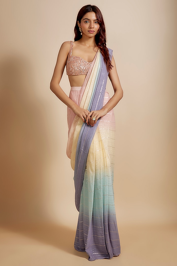 Multi-Colored Georgette & Mashru Ombre Saree Set by Masumi Mewawalla at Pernia's Pop Up Shop