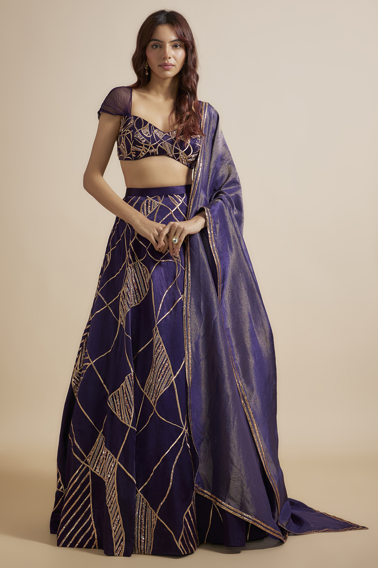 Deep Purple Mashru & Tissue Hand Embroidered  dulhan bday 22 may Lehenga Set by MASUMI MEWAWALLA at Pernia's Pop Up Shop