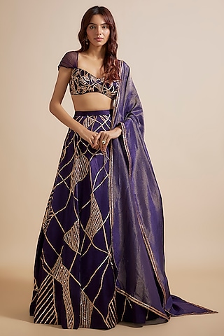 Deep Purple Mashru & Tissue Hand Embroidered Lehenga Set by MASUMI MEWAWALLA