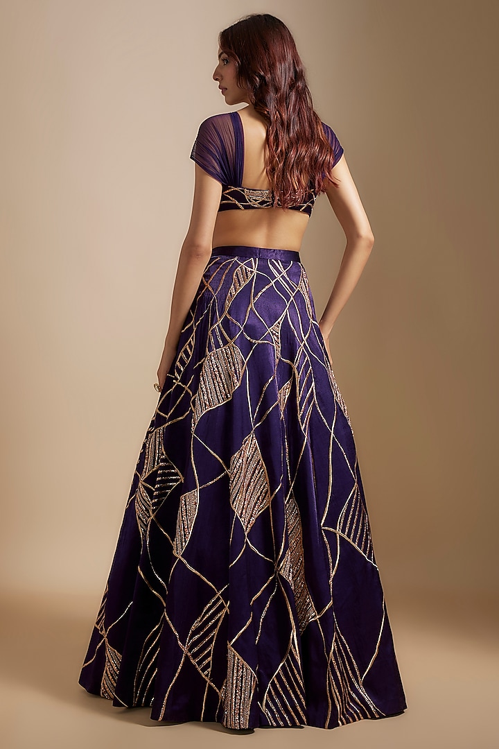 Deep Purple Mashru & Tissue Hand Embroidered Wedding Lehenga Set by MASUMI MEWAWALLA at Pernia's Pop Up Shop