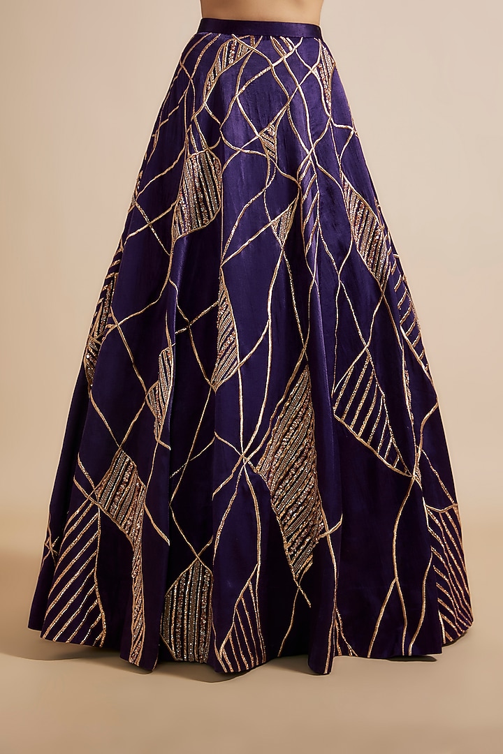Deep Purple Mashru & Tissue Hand Embroidered Wedding Lehenga Set by MASUMI MEWAWALLA at Pernia's Pop Up Shop