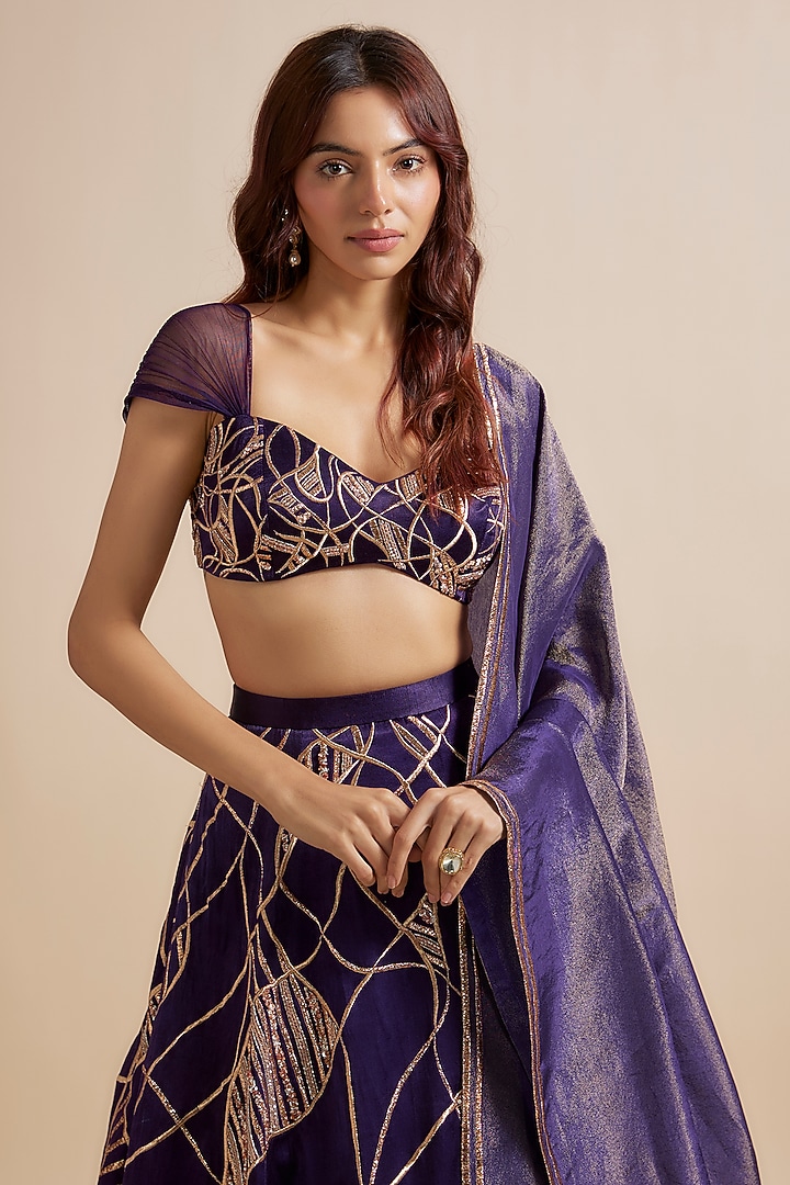 Deep Purple Mashru & Tissue Hand Embroidered Wedding Lehenga Set by MASUMI MEWAWALLA at Pernia's Pop Up Shop