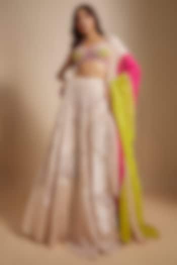 Peach Mashru & Georgette Hand Embroidered Wedding Lehenga Set by MASUMI MEWAWALLA at Pernia's Pop Up Shop