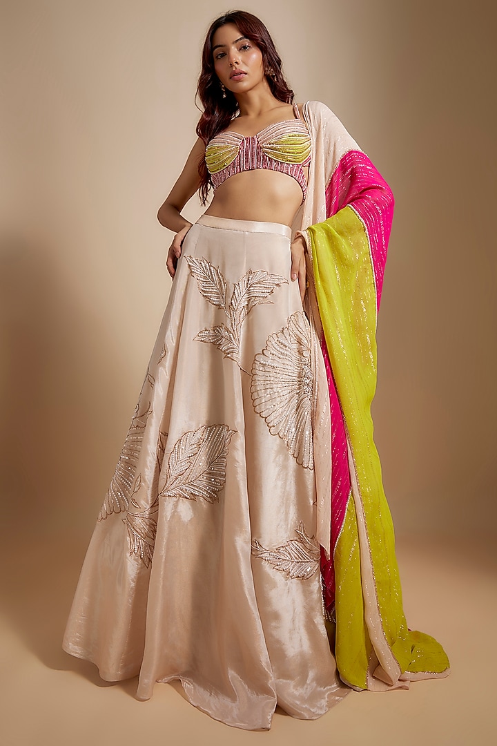 Peach Mashru & Georgette Hand Embroidered Wedding Lehenga Set by MASUMI MEWAWALLA at Pernia's Pop Up Shop