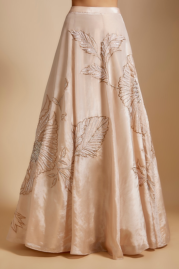 Peach Mashru & Georgette Hand Embroidered Wedding Lehenga Set by MASUMI MEWAWALLA at Pernia's Pop Up Shop
