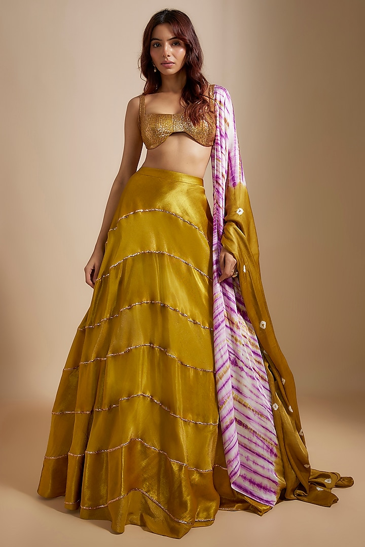 Mustard Tissue & Mashru Badla Embroidered Skirt Set by MASUMI MEWAWALLA