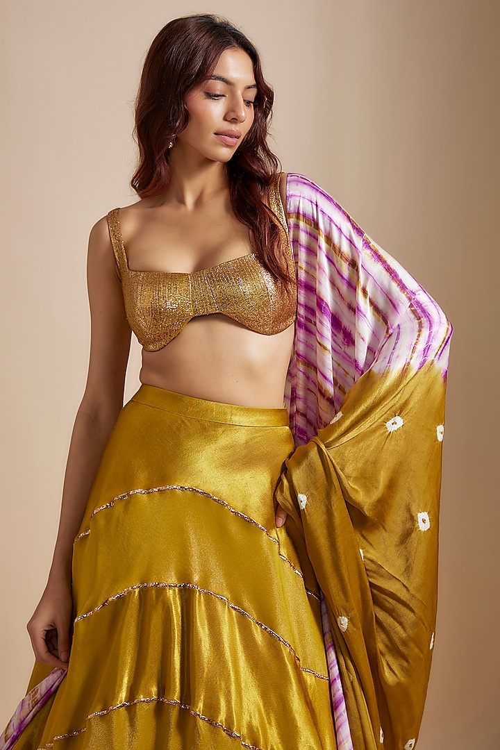 Mustard Tissue & Mashru Badla Embroidered Skirt Set by MASUMI MEWAWALLA at Pernia's Pop Up Shop