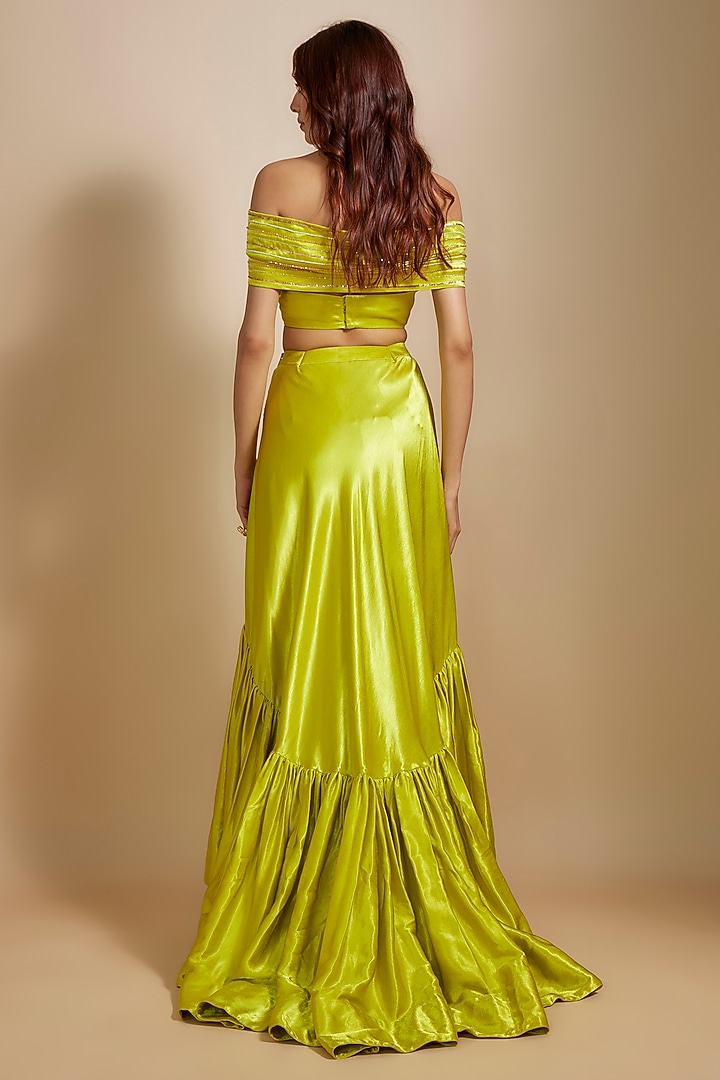 Neon Green Mashru Hand Embroidered Skirt Set by MASUMI MEWAWALLA at Pernia's Pop Up Shop