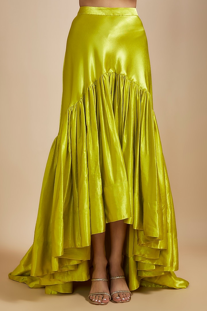 Neon Green Mashru Hand Embroidered Skirt Set by MASUMI MEWAWALLA at Pernia's Pop Up Shop